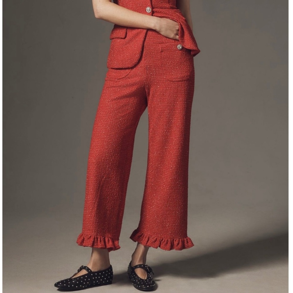 Maeve Anthropologie Red Boucle Tweed Ruffle Hem Wide Leg‎ Pants Crystal Button